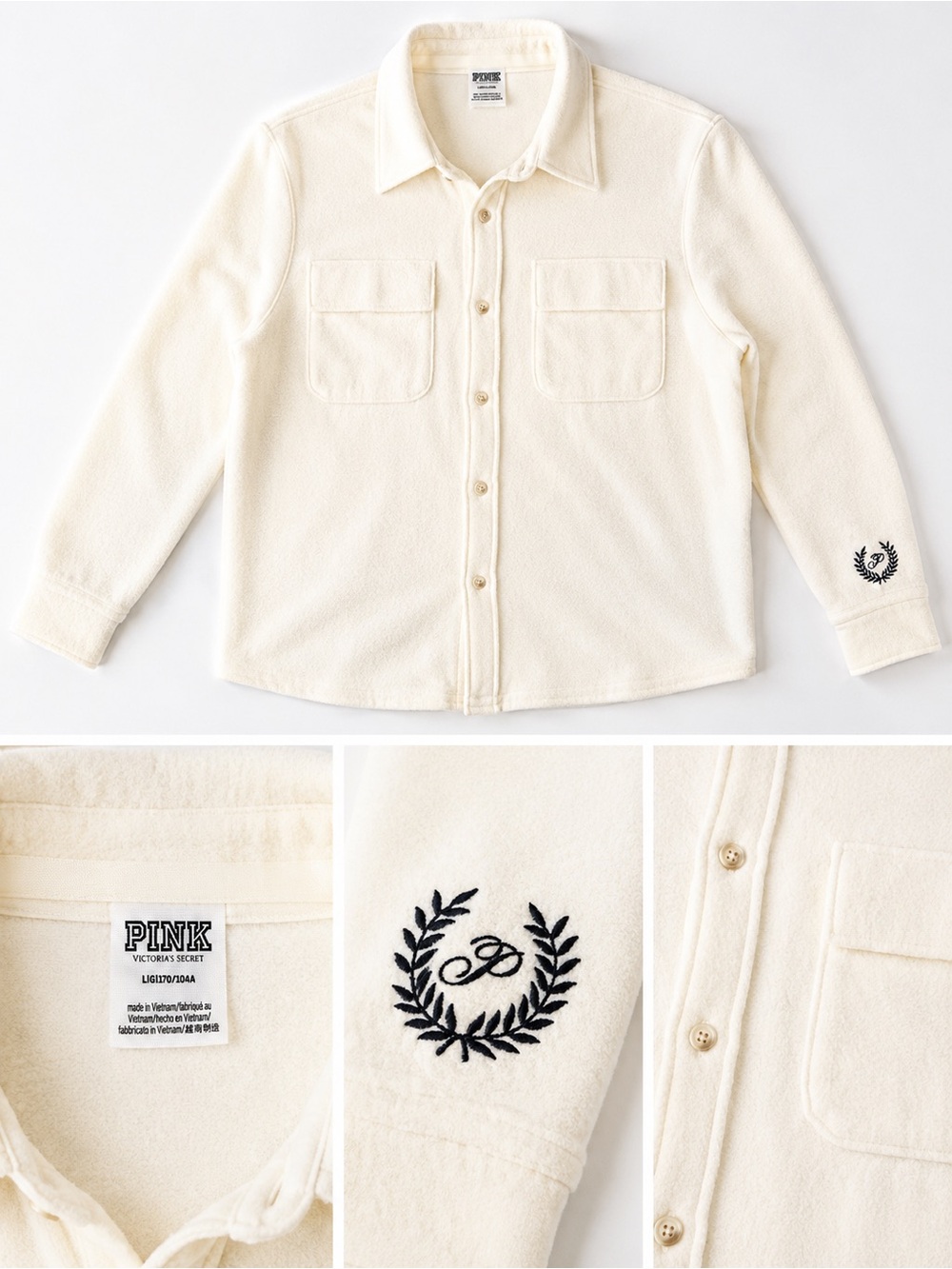 Pink Victoria’s Secret cream Fleece Button-Up Shacket – Size Large - Picture 3 of 3
